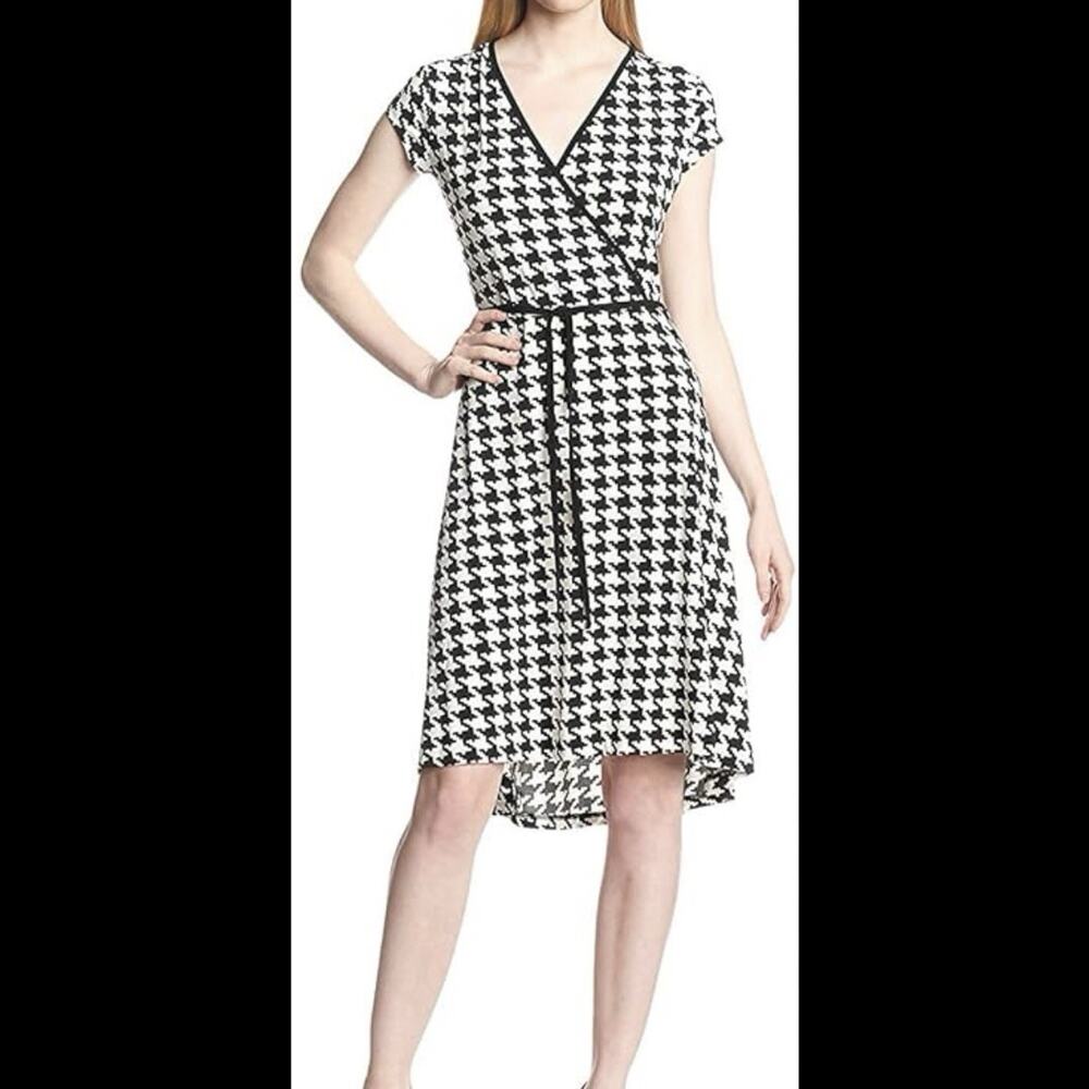 Anne Klein Houndstooth Wrap Dress Black White Short Sleeve Size M